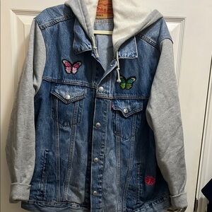 Levi's Blue and Gray Jean Jacket with Hoodie Sleeves Size XXL